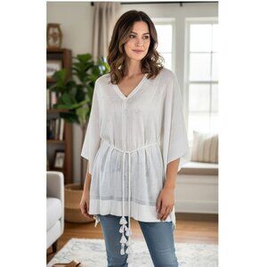 KOBI HALPERIN White Linen V Neck Knit Dolman Belted Poncho Sweater One Size